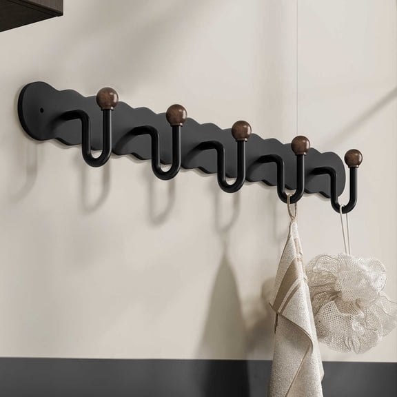 5 Hooks Vintage No Drill Kitchen Strong Adhesive Wall Hanger, Walnut Color Punch-Free Wall Mount Hanging Rack for Kitchen Bathroom Home Storage-1Pack