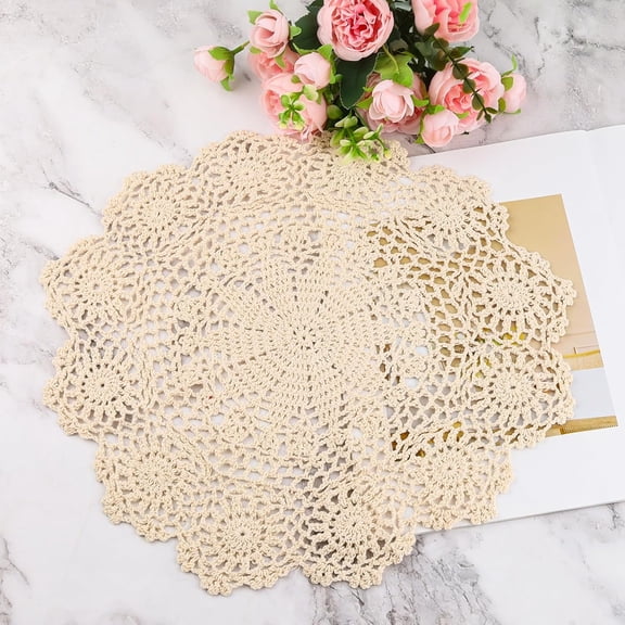 1-Pack Vintage Lace Placemats - 15.7'' Large Crochet Lace Tablecloth Doilies - Handmade Embroidered Round Table Overlay for Dining, Tea Party, Wedding Decor, Furniture and Home Decoration (Beige)