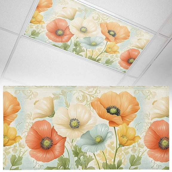 1 Pack Vintage Poppy Fluorescent Light Covers for Ceiling Lights Orange Blue Yellow Floral Watercolor Flowers Magnetic Ceiling Light Covers Overhead Light Filters for Office Classroom Home