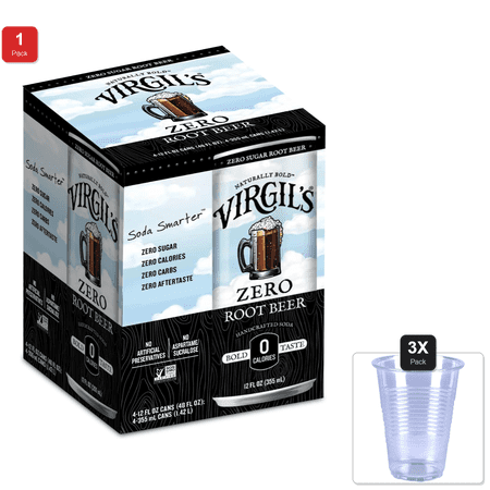 1 Pack | Virgils Zero Sugar Root Beer, 4 Pack, Cans & 3x 9oz Disposable Plastic Cups