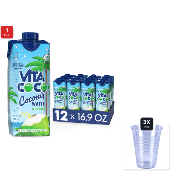1 Pack | Vita Coco Coconut Water, Pure Organic | Refreshing Coconut Taste | Natural Electrolytes | Vital Nutrients | 16.9 Oz (Pack Of 12) & 3x Disposable Cup