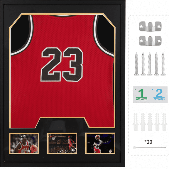 1 Pack Wall Mounted Jersey Frame Display Case with Picture Slots, 98% UV Protection Jersey Shadow Box Display Case for Football, Basketball, Soccer, Baseball & All Sports Collectibles