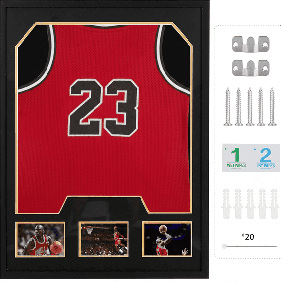1 Pack Wall Mounted Jersey Frame Display Case with Picture Slots, 98% UV Protection Jersey Shadow Box Display Case for Football, Basketball, Soccer, Baseball & All Sports Collectibles