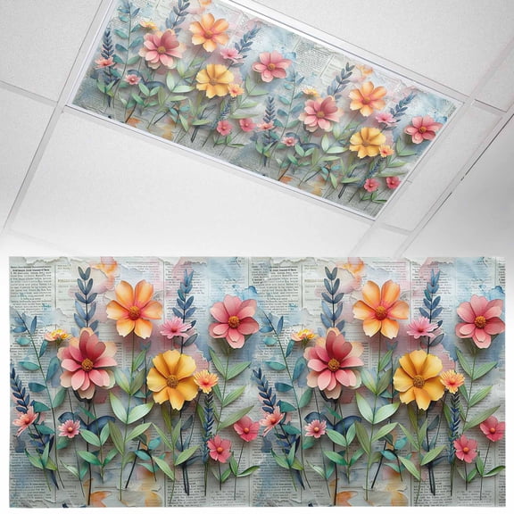 1 Pack Watercolor Floral Fluorescent Light Covers for Ceiling Lights Flower Printing Newspaper Art 3D Magnetic Ceiling Light Covers Overhead Light Filters for Office Classroom Home