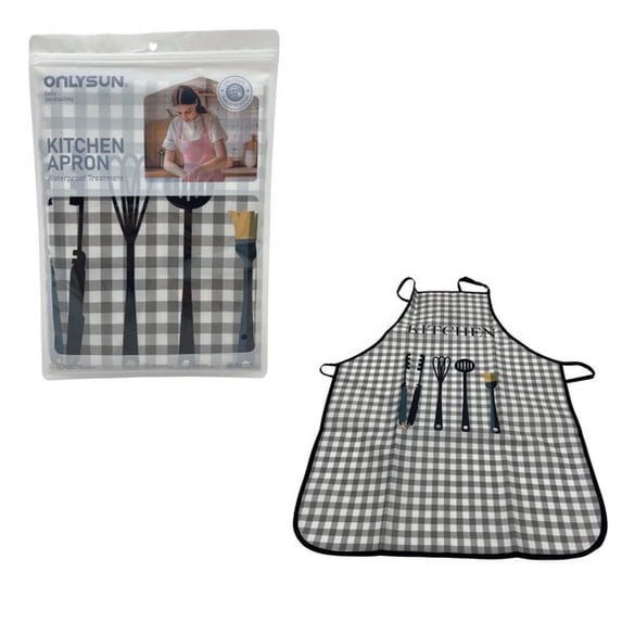 1 Pack Waterproof Checkered Kitchen Apron with Utensil Print Design, Lightweight Protective 1 Pack Cooking Bib for Baking, Grilling, Food Preparation and Household Kitchen Tasks, Gray Checkered