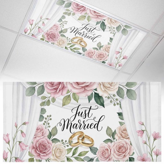 1 Pack Wedding Fluorescent Light Covers for Ceiling Lights Just Married Rings Roses Formal Romantic Magnetic Ceiling Light Covers Overhead Light Filters for Office Classroom Home