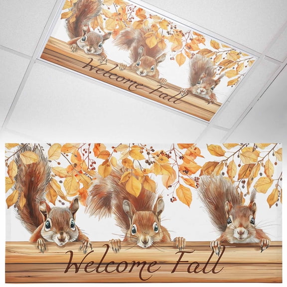 1 Pack Welcome Fall Fluorescent Light Covers for Ceiling Lights Squirrel Leaves Wood Board Magnetic Ceiling Light Covers Overhead Light Filters for Office Classroom Home