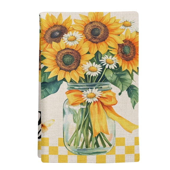 1 Pack Welcome Kitchen Towels Sunflowers Daisy Butterfly Yellow Check Linen Texture Decorative Dish Towel Sets Absorbent Quick Dry Hand Cloths Tea Towels for Cooking Baking Farmhouse Gifts 18x28in
