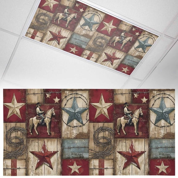 1 Pack Western Texas Fluorescent Light Covers for Ceiling Lights Star Cowboy Wood Grain Distressed Patchwork Magnetic Ceiling Light Covers Overhead Light Filters for Office Classroom Home