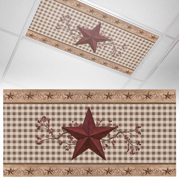 1 Pack Western Texas Star Fluorescent Light Covers for Ceiling Lights Vintage Red Star Berry Black Plaid Wood Grain Magnetic Ceiling Light Covers Overhead Light Filters for Office Classroom Home
