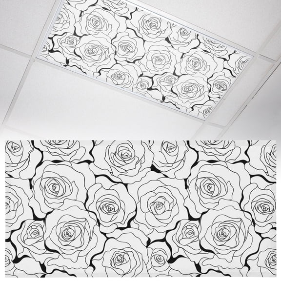1 Pack White Rose Fluorescent Light Covers for Ceiling Lights Modern Floral Blossom Black Outlines White Backdrop Magnetic Ceiling Light Covers Overhead Light Filters for Office Classroom Home