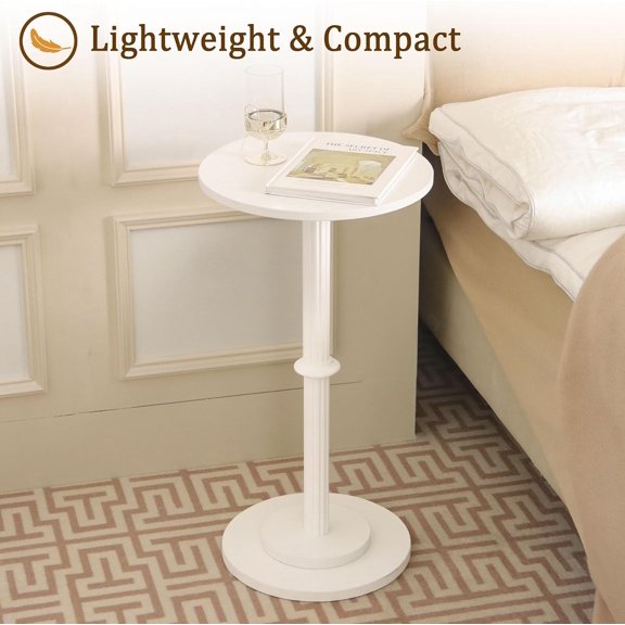 1 Pack White Round Side Table, Small Drink Table for Small Spaces, End Table with Fluted Column Design, MDF Top with Solid Wood , 11.8" x 11.8" D x 21.6" H