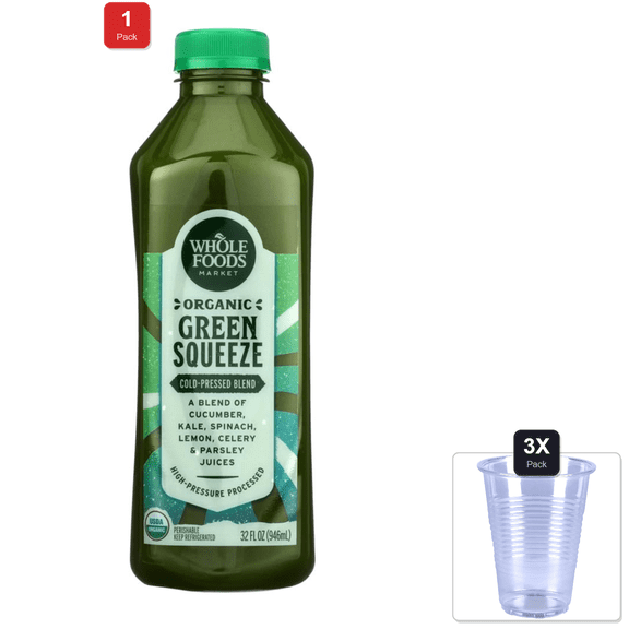 1 Pack | Whole Foods Market Organic Green Squeeze Juice, 32 Fz & 3x Disposable Cup