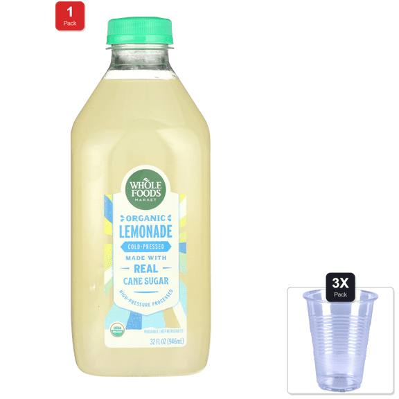 1 Pack | Whole Foods Market Organic Lemonade, 32 Fl Oz & 3x Disposable Cup