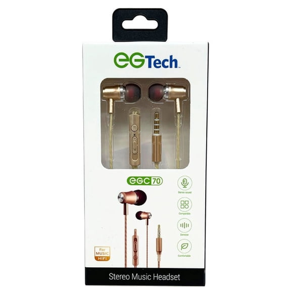 1 Pack Wired Stereo Earbuds with Microphone, 3.5mm Audio Jack, Braided Cable, Gold