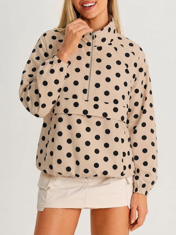 1 Pack Women's Polka Dot Lightweight Windbreaker , Quarter Zip Oversized Pullover with Stand-Up Collar, Elastic Hem and Sleeves