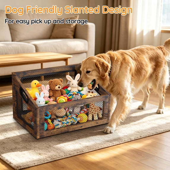 1 Pack Wood Dog Basket, Chew-Resistant Storage Bin with Metal , Slanted ...
