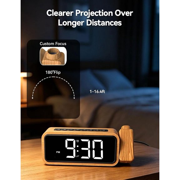 1 Pack Wood Projection Alarm Clock, -in Clock with 180 Rotatable Projector, 5 Volume Levels, 12 Ringtones, Snooze Function for Bedroom Ceiling Decor