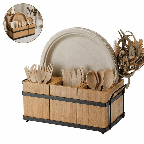 1 Pack Wood Silverware Caddy, Multi-Grid Utensil Holder, Cutlery Flatware Organizer with Paper Plate Dispenser, Multifunctional Silverware Holder for Party Table Spoons Forks Napkins Storage