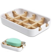1 Pack Wooden Bamboo Square Soap Dishes for Bar Soap Holder for Shower with Drain for Bathroom Small Soap Dish Detachable White