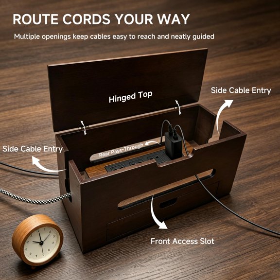 1 Pack Wooden Cable Management Box with Pull-Out Drawer, Cord Organizer Box for , Chargers and Desk , Dark Brown