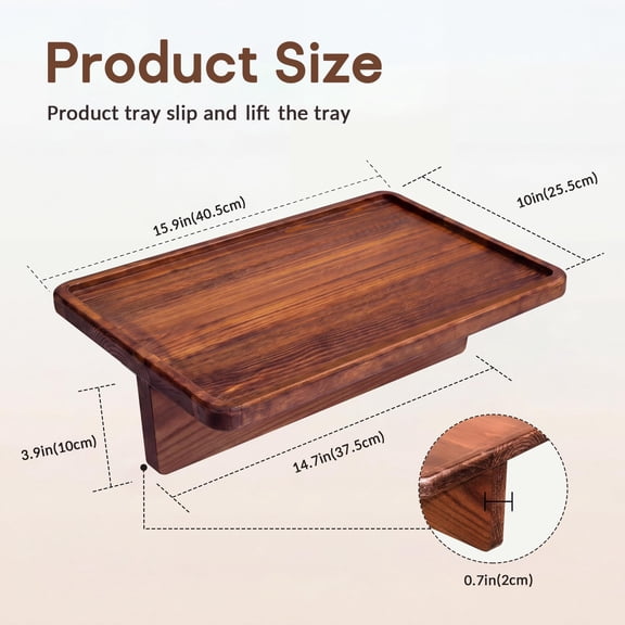 1 Pack Wooden Couch Tray for Sectional Sofas, Fold-Flat Sofa Table, Solid Pine Wood Tray with Foldable Insertion Board, Brown
