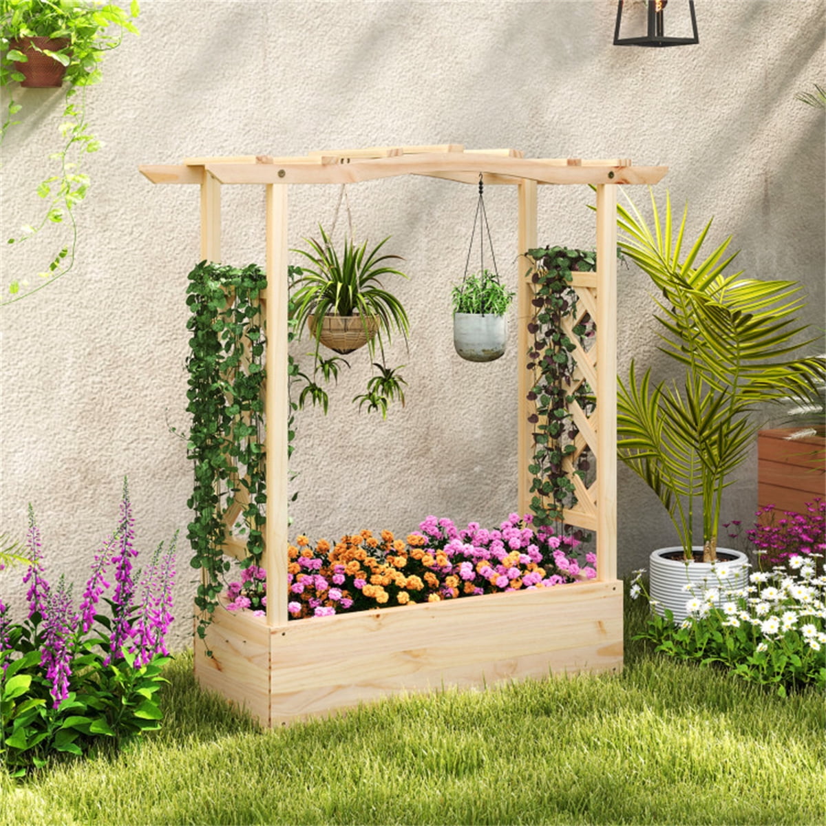 1 Pack Wooden Raised Garden Bed Planter Box with Hanging Roof 44Inch Pine Wood Elevated Outdoor Indoor Patio Balcony Backyard Flowers Herbs Vegetables Trellis Drainage Natural Easy Assembly