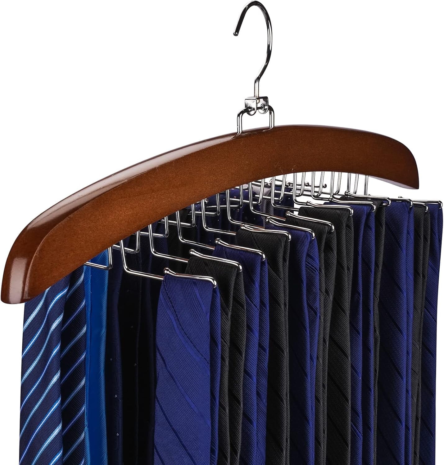 1 Pack Wooden Tie Rack Hanger for Closet, Tie Holder Organizer Necktie Storage with 24 Folding Hooks, 360 Degree Rotating