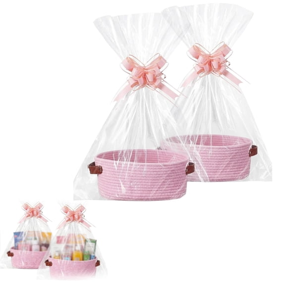 1 Pack Woven Basket with Gift Bags and Ribbons, Gift Basket Empty for Organizer Baby Shower, Holiday Presents, Wedding, Storage Basket for Nursery (Pink)