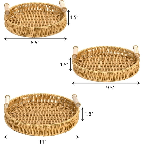 1 Pack Woven Bathroom Organizers and Storage Baskets, Round Rattan Serving Tray Hand-Woven Tray with Cut-Out Handles Woven Serving Tray for Home and Kitchen Decorative, Small