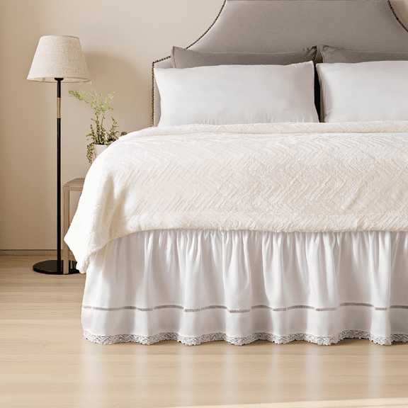 1 Pack Wrap Around Ruffled Lace Bed Skirt with Elastic Adjustable Belts, White, Full/, 15 Inch Drop