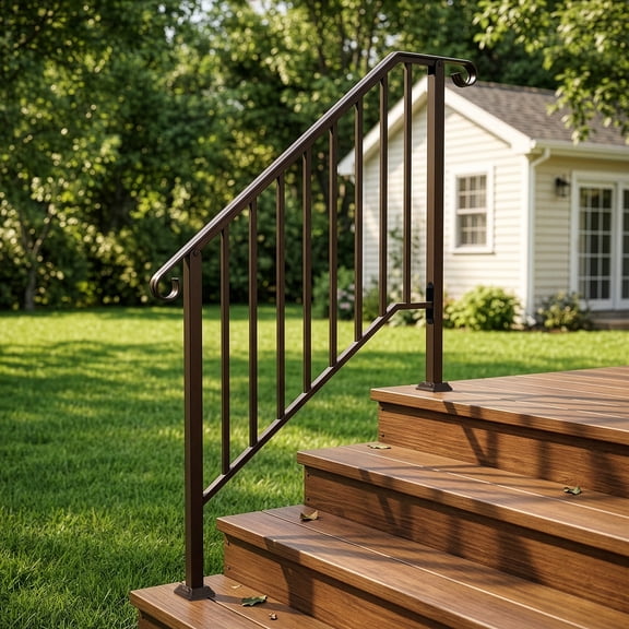 1 Pack Wrought Iron Stair Railing for Outdoor Steps, Fits 3 or 4 Steps, Metal Hand Rail with Installation Kit, Staircase Handrails for Concrete, Porch, Deck, Exterior, Copper