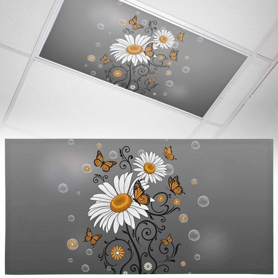 1 Pack Yellow Daisy Fluorescent Light Covers for Ceiling Lights Bubble Butterfly Grey Grey Background Magnetic Ceiling Light Covers Overhead Light Filters for Office Classroom Home