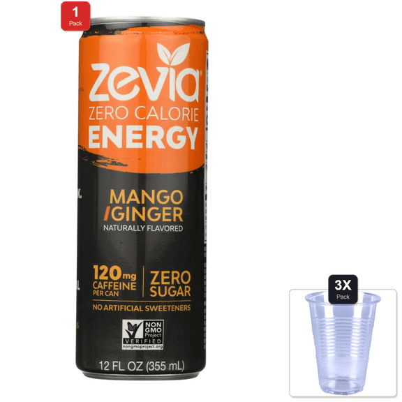 1 Pack | Zevia, Drink, Energy, Mango Ginger - Pack Of 12 & 3x 9oz Disposable Plastic Cups