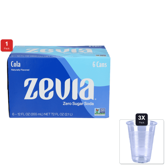 1 Pack | Zevia Zero Calorie Soda Cola, 12 Oz Pack Of 6 & 3x 9oz Disposable Plastic Cups