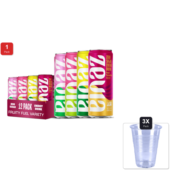 1 Pack | Zevia Zero Sugar Energy Drink, Fruity Fuel Variety Pack, 12 Oz Cans (12-Pack) – Naturally Sweetened, Non-Gmo Project Verified, Gluten-Free, Vegan & 3x 9oz Disposable Plastic Cups