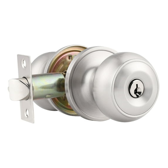 (1 Pack) knobelite Satin Nickel Round Entry Door Knobs with Key, Exterior/Interior Door Handles Bedroom Bathroom/Front/Offic Doors, Door Lock with Locks and 3 Keys,Entrance Lock Security