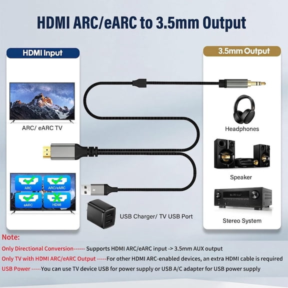 1-Pack to 3.5mm AUX Audio Extractor Converter Cable, 8FT USB eARC to Stereo Adapter, 192KHz PCM Output for TV Soundbar Amplifier