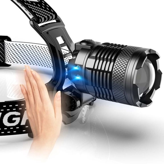 1 Packs 150000 Lumens Rechargeable Headlamp, Super Bright LED Headlight with Adjustable Beam, Zoomable Waterproof Head Torch for Camping Hiking Fishing Hunting Running Cycling Emergency Work Light