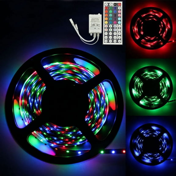 1 Packs 5M RGB 3528 300 LED Flexible Light Strip with 44 Key IR Remote Controller, 12V Low Voltage Color Changing LED Tape Lights for Home Decor, Bedroom, Party