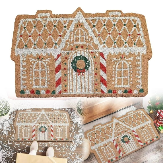 1 Packs Gingerbread House Welcome Mat Non Slip Outdoor Indoor Christmas Doormat for Front Door Holiday Decor Coir Fiber Floor Mat 48 x 30 Inch