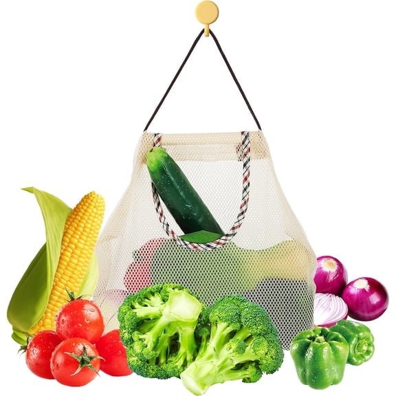 1 Packs Hanging Storage Mesh Bags Reusable Fruit and Vegetable Mesh Bags, Kitchen Tote Bags Vegetables Fruits Storage Net Bag Breathable Reusable Grocery Bags for Onions, Garlics, Potatoes Beige