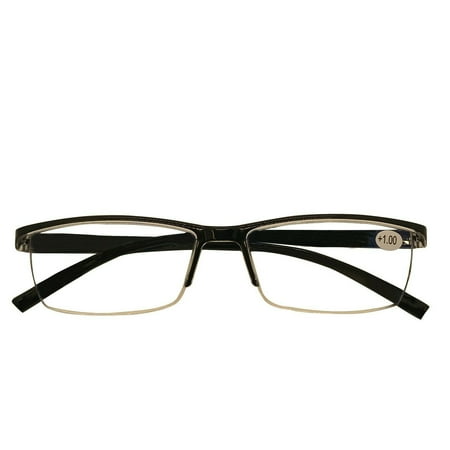 1 Packs Mens Rectangle Half Frame Reading Glasses Blue Light Blocking Black Spring Hinge Readers +2.25