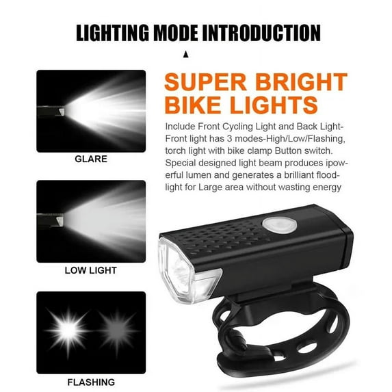 1 Packs Rechargeable Bike Light Set Front and Rear USB LED Headlight Taillight 3 Light Modes High Visibility for Night Cycling Safety Waterproof Bicycle Accessories