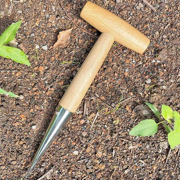 1 Packs Stainless Steel Garden Seeder Drill Tool with Wooden Handle for Planting Vegetables Flowers Herbs Seed Sowing Transplanting Fertilizing Durable Gardening Tool for Home Outdoor Use