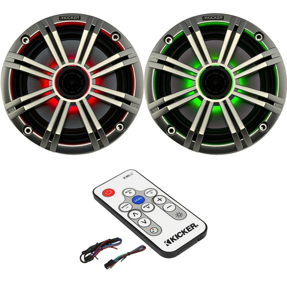 1 Pair (2 Speakers Total) of 6.5" OEM Replacement 150W Marine Coaxial 2-Way Speakers (Silver Grilles) w/ Color Changing LED Capability, LED Lighting Remote Controller