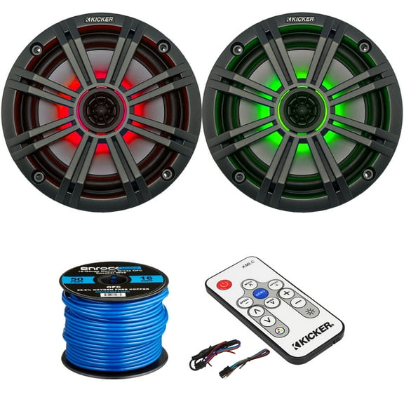 1 Pair (2 Speakers Total) of Kicker 6.5" OEM Replacement 195W Marine Coaxial 2-Way MultiColor LED Speakers (Charcoal Grilles), LED Lighting Remote Controller, 16-Gauge Speaker Wire
