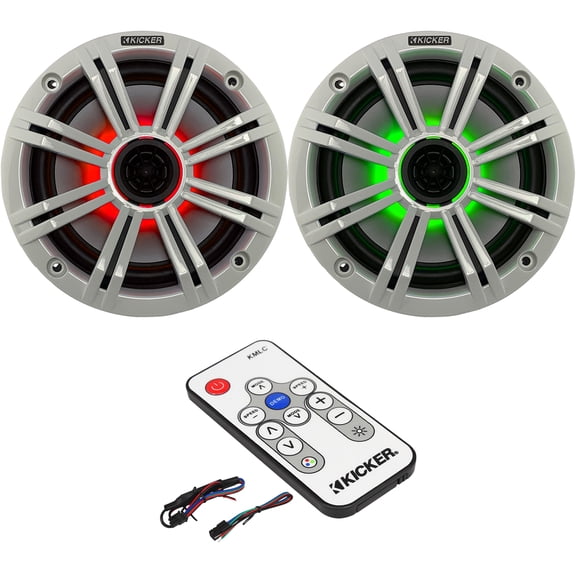 1 Pair (2 Speakers Total) of Kicker 6.5" OEM Replacement 195W Marine Coaxial 2-Way Speakers (White Grilles) w/ Color Changing LED Capability, LED Lighting Remote Controller