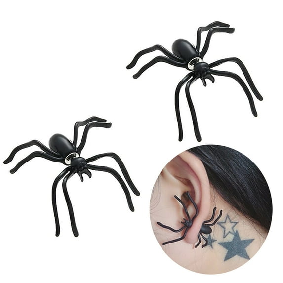 1 Pair/2pcs Black Spider Stud Earring for Men Punk Unisex Funny Animal Ear Cuff Women Jewelry