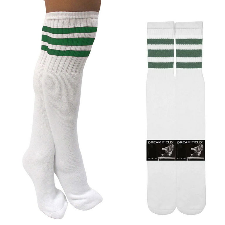 1 Pair 3 Stripe Knee High Tube Socks Old School 24 Soccer Sports 10-15  Green 